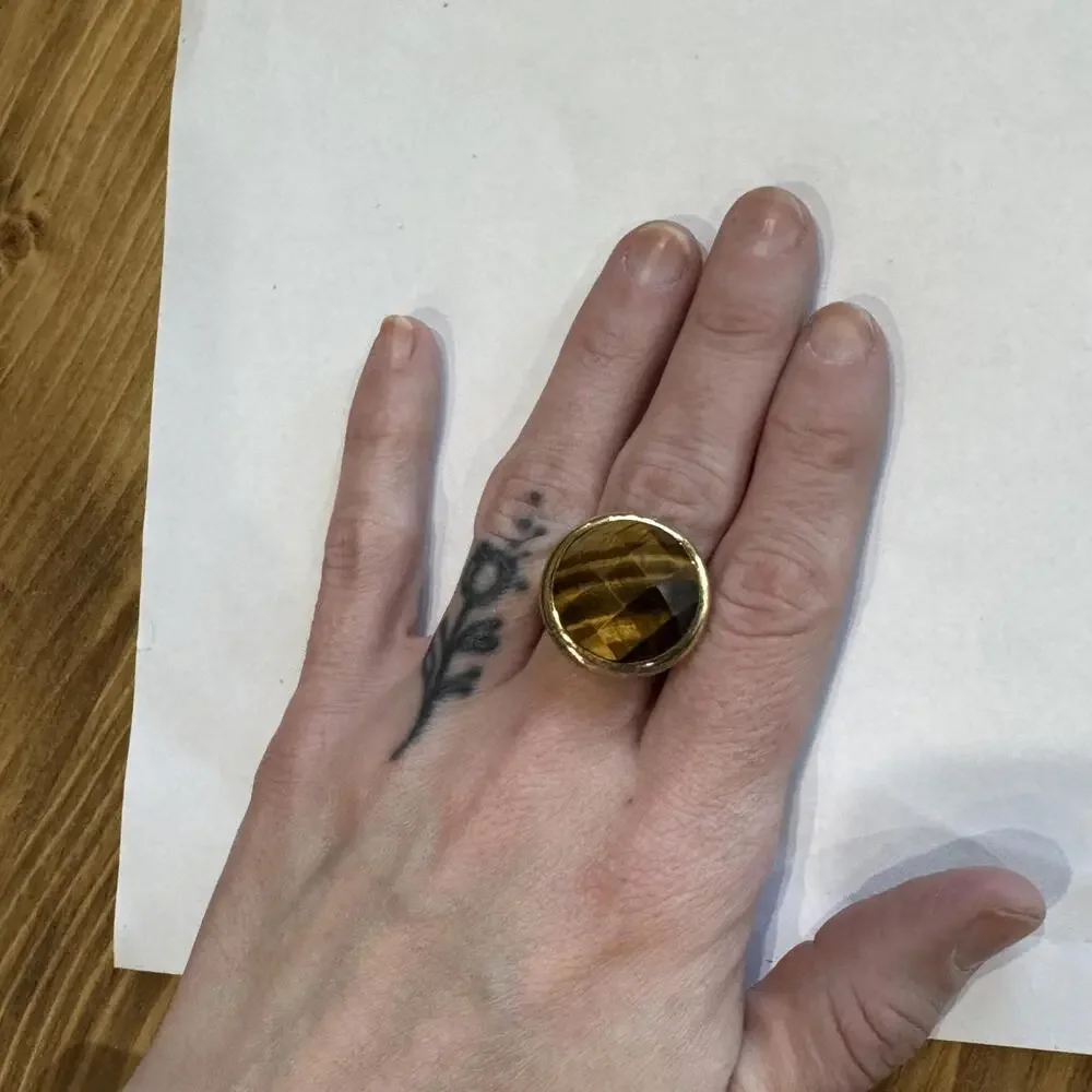 Vintage Gold Plated‎ Tigers Eye Ring Large Stone Jewelry Statement Single